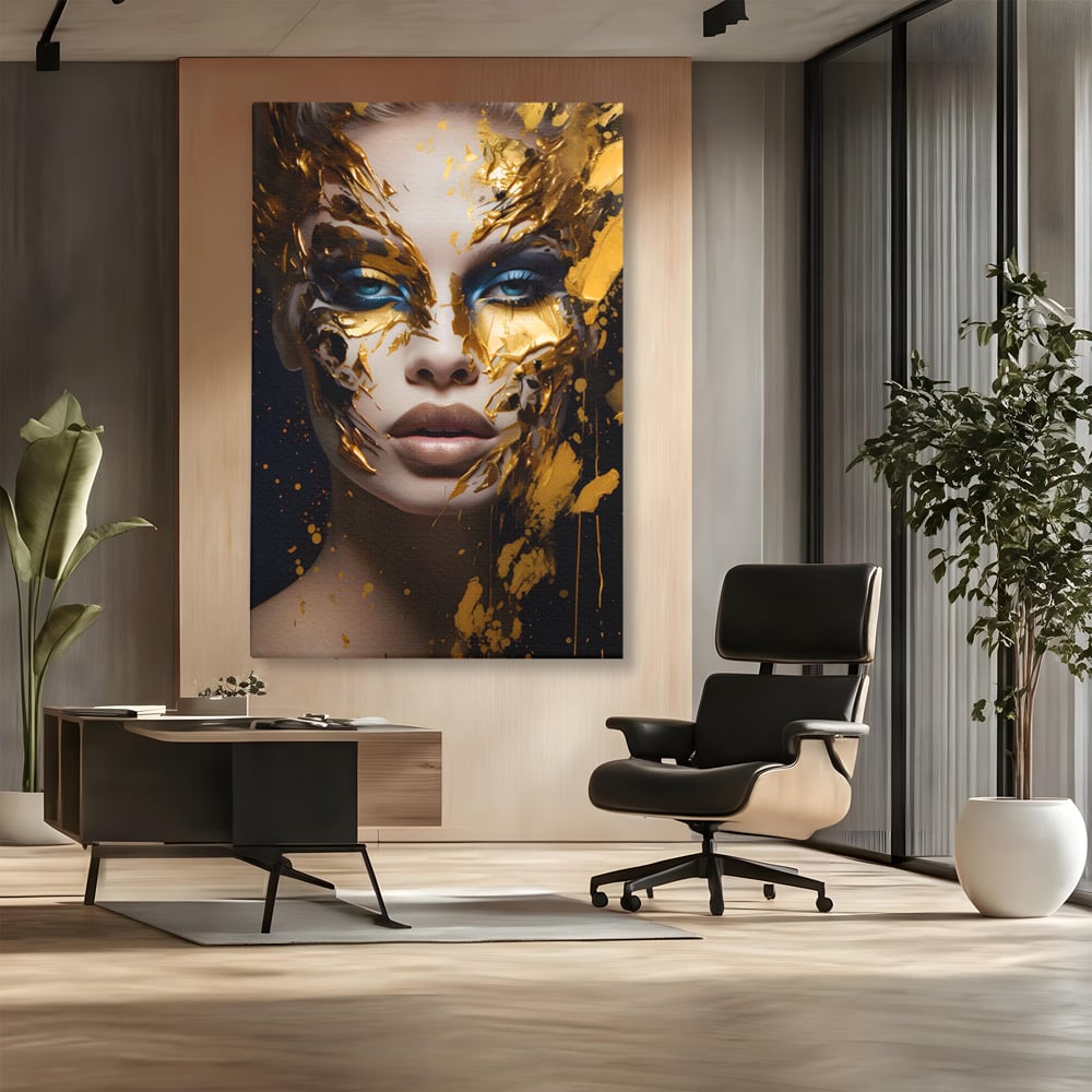 Tablou canvas cu tablou canvas cu portret de femeie si foita de aur, fara rama, pe sasiu de lemn, pe perete intr-un birou